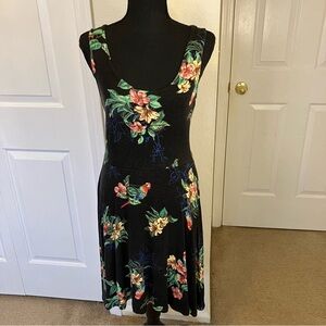 American Rag Tropical Floral Parrot All Over Pattern Black Swing Dress Size S
